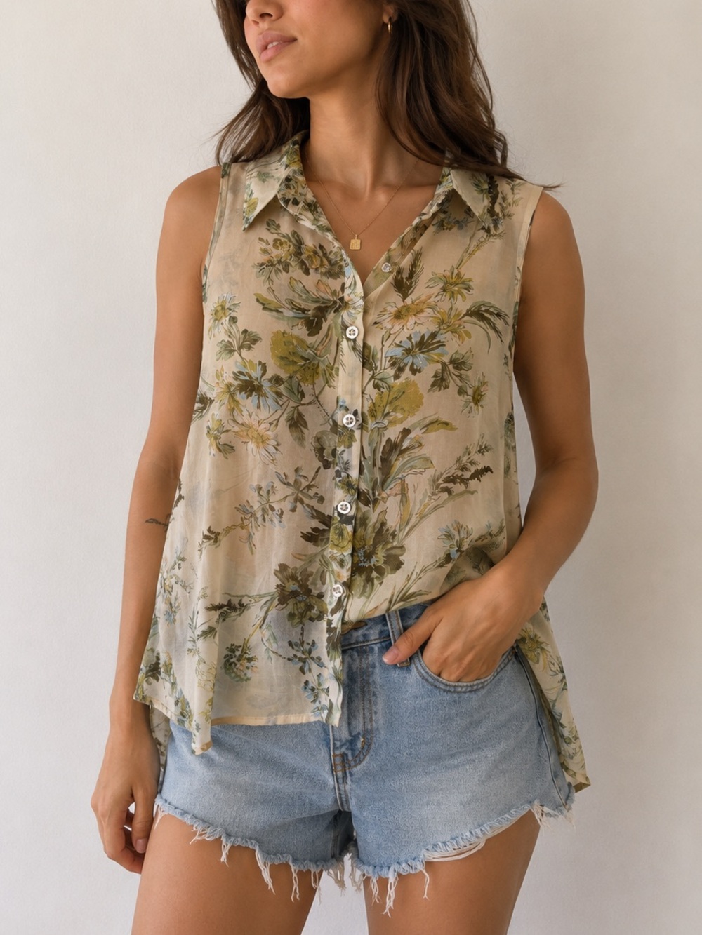 RD Style Sheer Floral Button Front Blouse Boho Cottagecore Romantic Flowy Top